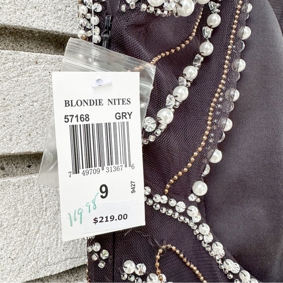 NWT Blondie Nites Gray Beaded Mesh Halter Sweetheart Neckline Formal Maxi Gown - Picture 8 of 14
